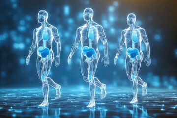 Transparent anatomical human figures depicted in vibrant medical illustration