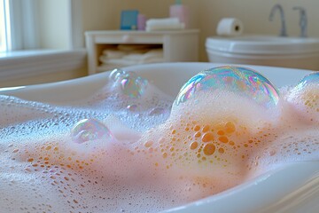 Close-up of colorful soap bubbles in bathtub with foam in a sunlit bathroom