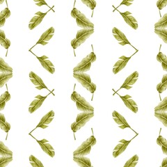 Seamless pattern with watercolor tropical palm leaves, banana leaves on the white background. Perfect for textile, fabric, wrapping, packaging for eco friendly products, clothing, wallpaper
