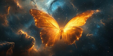 Golden butterfly emerging in a cosmic landscape filled with stars and nebulae at night