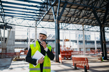 Construction foreman giving instructions over radio during building inspection.