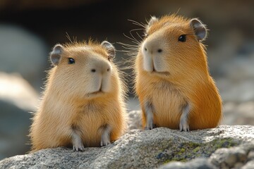 Two capybaras posing together on a gray rocky surface
