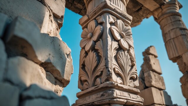 Carved flower petal motifs on a stone pillar exemplify ancient Indian art and architecture