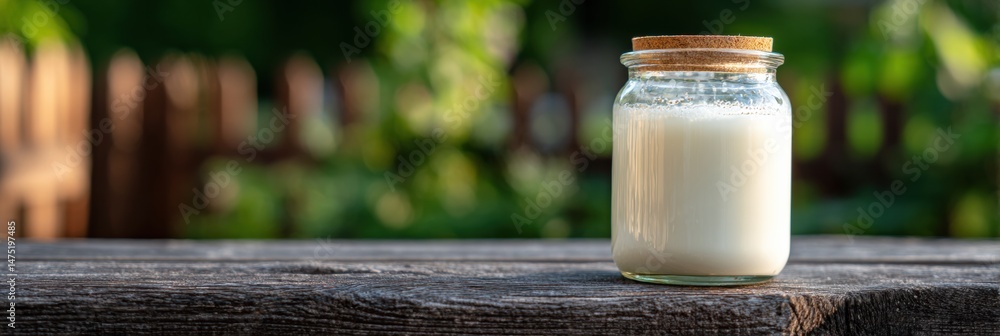 Poster fresh milk in a glass jar placed on a wooden fence with a blurred green background creating a serene