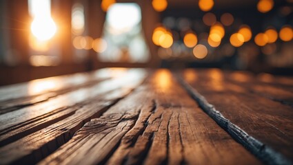 Blank wood table against a blurred, sunny background for product display and professional presentation