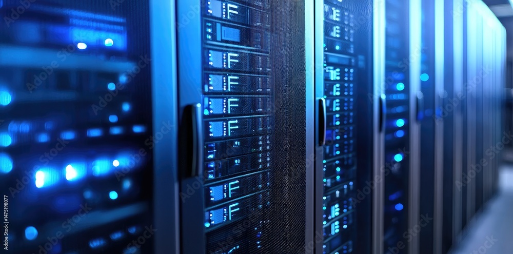 Aufkleber Close-up view of modern server racks with illuminated blue LED indicators inside a high-tech data center. Suitable for cloud computing, IT infrastructure, and digital systems themes