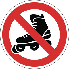 Sleek black silhouette of rollerblades as a no rollerblading sign with a red slash, highlighting safety and order in minimalist vector