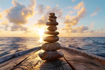 Obraz premium A serene stack of stones balanced on a wooden platform at sunset, with a tranquil sea reflecting the vibrant sky and softly illuminated clouds.
