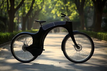 Fototapeta premium A black solar panel bicycle parked on a paved path surrounded by trees in a park setting