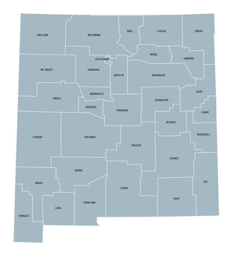 New Mexico counties, gray political map with borders and county names. State in the Southwestern region of the United States, subdivided into 33 counties, nicknamed Land of Enchantment.