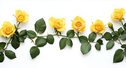 A white background with yellow roses and green leaves on the left side of the frame.