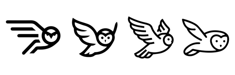 vector icons of flying owls in minimal cartoon outline style