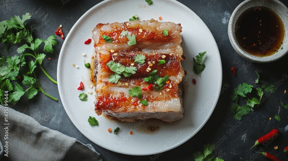 Poster a top-down view of crispy pork belly on a white plate, garnished with coriander and chili peppers, r