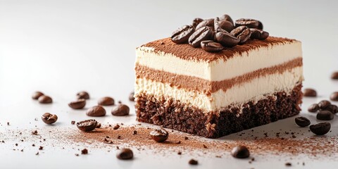 Delicious coffee-flavored dessert served on a light background with coffee beans