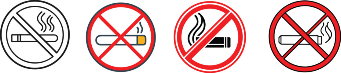 No Smoking Sign Icons. Vector Prohibited Cigarette Symbols for Safety and Warning Use