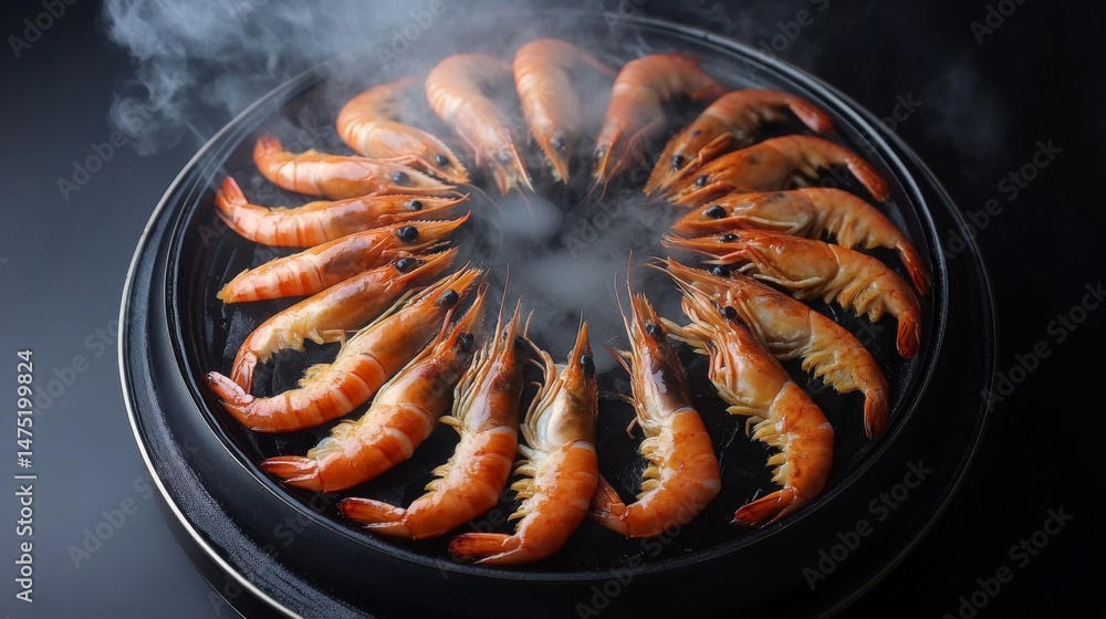 Poster a top-down view of large grilled prawns arranged in a circle on a platter, with steam rising and a g