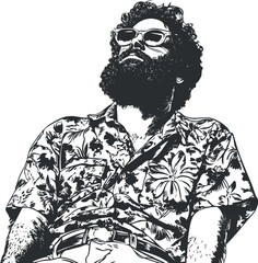 Black and white illustration of a bearded man wearing glasses and a floral tropical shirt looking upward with confidence
