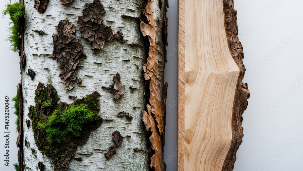 Poster isolated white background showcasing detailed birch tree bark texture with inner and outer sections