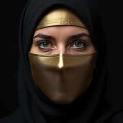 Naklejka premium Middle Eastern woman wearing gold face mask and black hijab for modern marketing campaigns and corporate branding with copy space for text on dark background