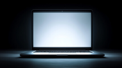 Dark workspace with a blank laptop screen awaiting user interaction during late night hours