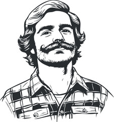Black and white stylized illustration of a young man with a mustache wearing a flannel shirt with confident expression