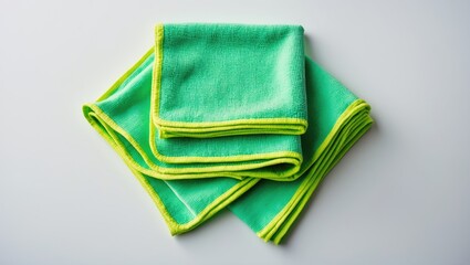 Microfiber cleaning cloth in green, folded four times, isolated on white for surface cleaning
