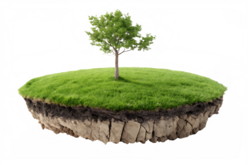 Isolated floating island concept with lush green grass and a growing tree symbolizing nature