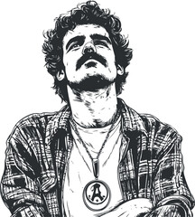 Black and white sketch illustration of a confident young man with curly hair wearing a plaid shirt and necklace looking upward.