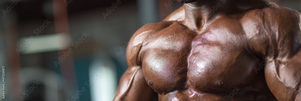 Poster close-up of muscular bodybuilder torso showcasing perfect definition and shine in a blurred gym back