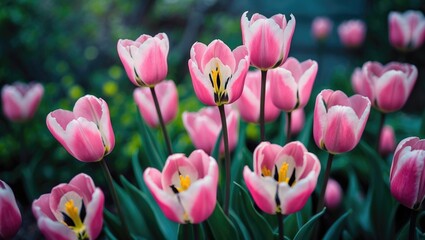 Obraz premium Pink tulips in soft focus within a garden, set against a natural background