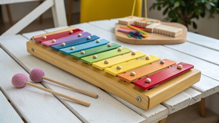 Fototapeta premium Rainbow Wooden Xylophone with Mallet on White Table, Preschool Music Toy, Kids Instrument Kids toy, musical instrument