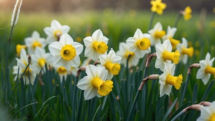 Daffodils in full bloom in the meadow, featuring yellow, trumpet, and mullein plants
