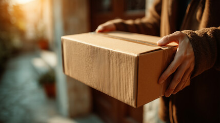 Delivery person handing over a cardboard box during sunset at a residential doorway in a warm and inviting setting