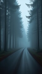 Mysterious foggy forest road landscape with tall trees, perfect for eerie atmosphere background, corporate branding, or marketing campaign visuals with copy space for text