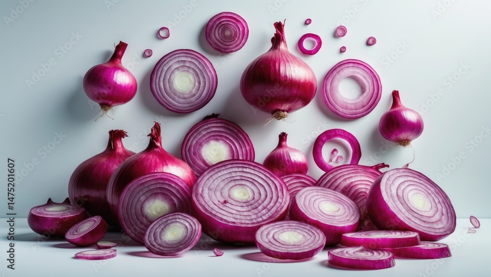 Poster sliced red onions displayed on an isolated background