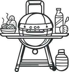 Black and white line drawing of a kettle barbecue grill with food plates and sauce bottles on side shelves