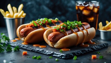 Flavorful hot dogs with bacon, carrot, and parsley served on a dining table
