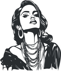 Stylized black and white illustration of an elegant woman wearing multiple necklaces and hoop earrings, showcasing confident and glamorous fashion style.