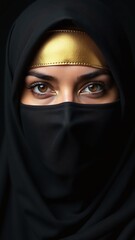 Naklejka premium Mysterious Middle Eastern woman in black niqab and gold headband portrait with copy space for text on modern marketing campaign background