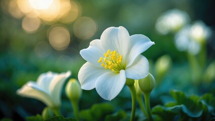 Fototapeta premium Extreme close-up of a white begonia blossom captured early morning in nature