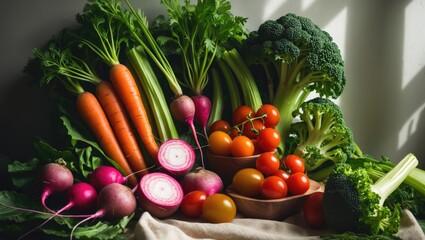 A colorful array of natural, organic vegetables like beetroot, radishes, carrots, cherry tomatoes, celery, broccoli, and lettuce supporting healthy eating and sustainable farming.