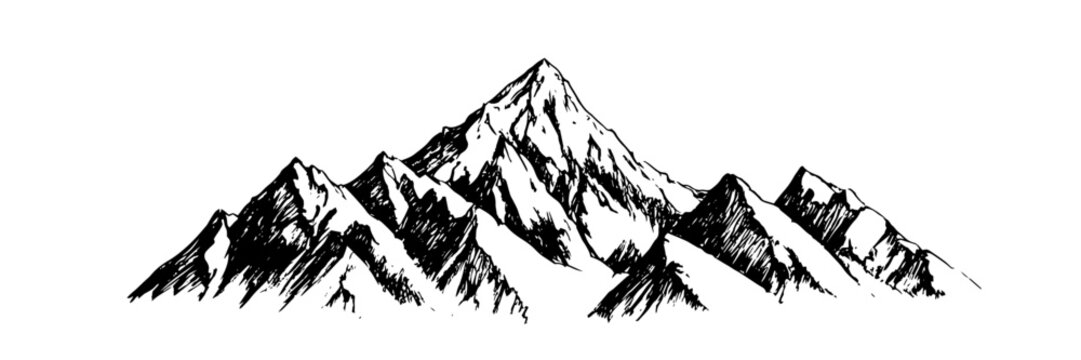 mountain range landscape in hand drawn black and white vector style