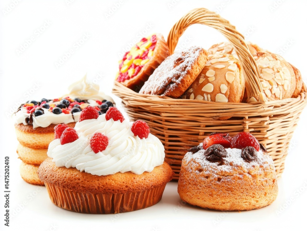 Poster assortment of pastries and cakes in wicker basket on white background close-up still life sweet trea