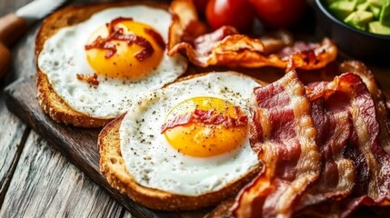A vibrant breakfast spread featuring two fried eggs alongside crispy bacon, toast, and fresh avocado, arranged on a rustic wooden table for an inviting look.