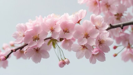 Obraz premium Blooming pink cherry tree branch isolated against background.