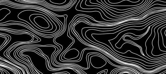 Minimalist topographic map design featuring black contour lines on a matte black background, subtle lighting and shadow effects to highlight elevation changes, abstract and modern aesthetic.