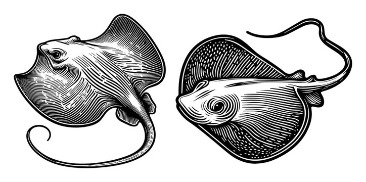 stingray illustration set in detailed engraved black and white vector style