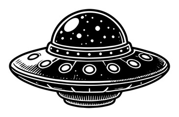ufo spaceship in vintage retro sci-fi black and white vector style
