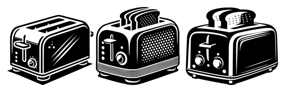 toaster set in retro engraved kitchen appliance black and white vector