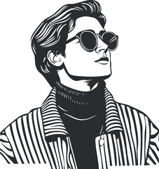 Black and white illustration of a stylish young man wearing sunglasses and a striped jacket looking confident